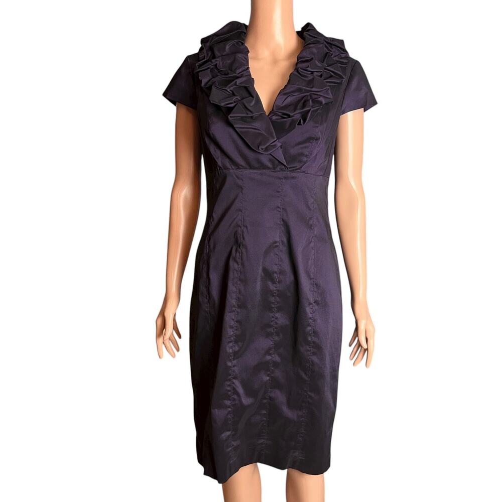 Adrianna Papell Purple Ruffled Neck Cocktail Midi Dress 10 Empire Waist Elegant - Picture 3 of 7